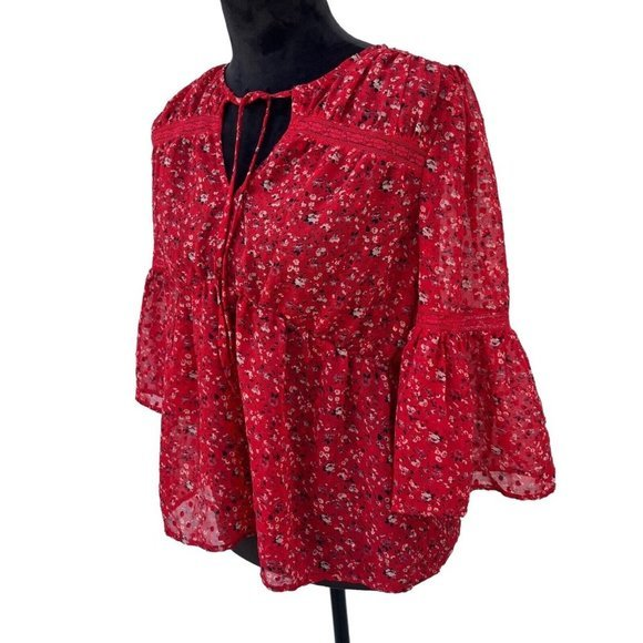 Lucky Brand Womens Blouse Red Size S Draw String‎ Keyhole Bell Sleeve Boho Sheer - Picture 1 of 11